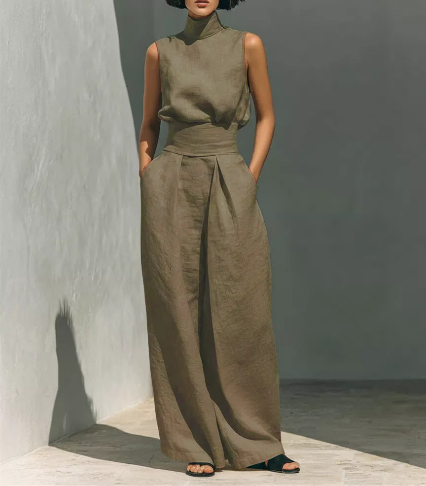 Turtleneck sleeveless top and wide-leg pants set
