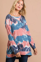 Trendsi BiBi Tie Dye French Terry Pull Over with Front Stitching Detail -