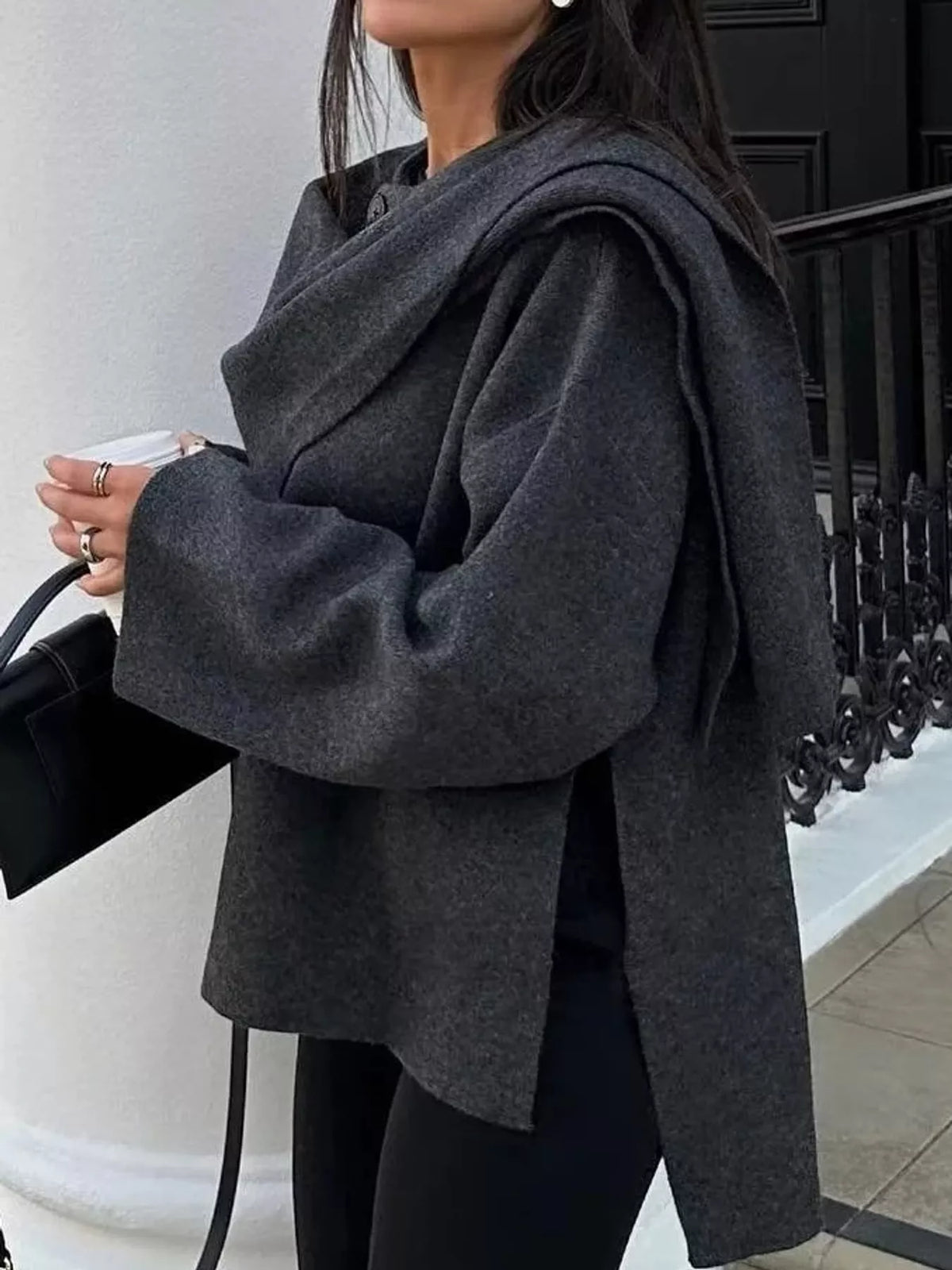 Oversized Drape-Front Knit Cardigan — side view