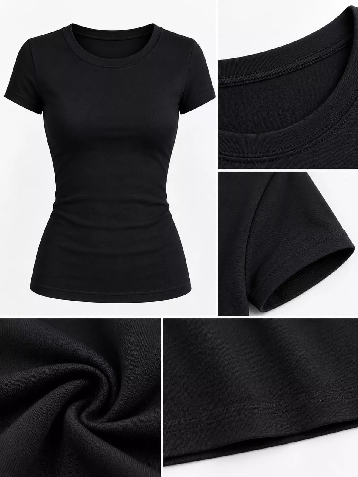 Black slim-fit crew neck T-shirt, neckline, sleeve and hem detail collage