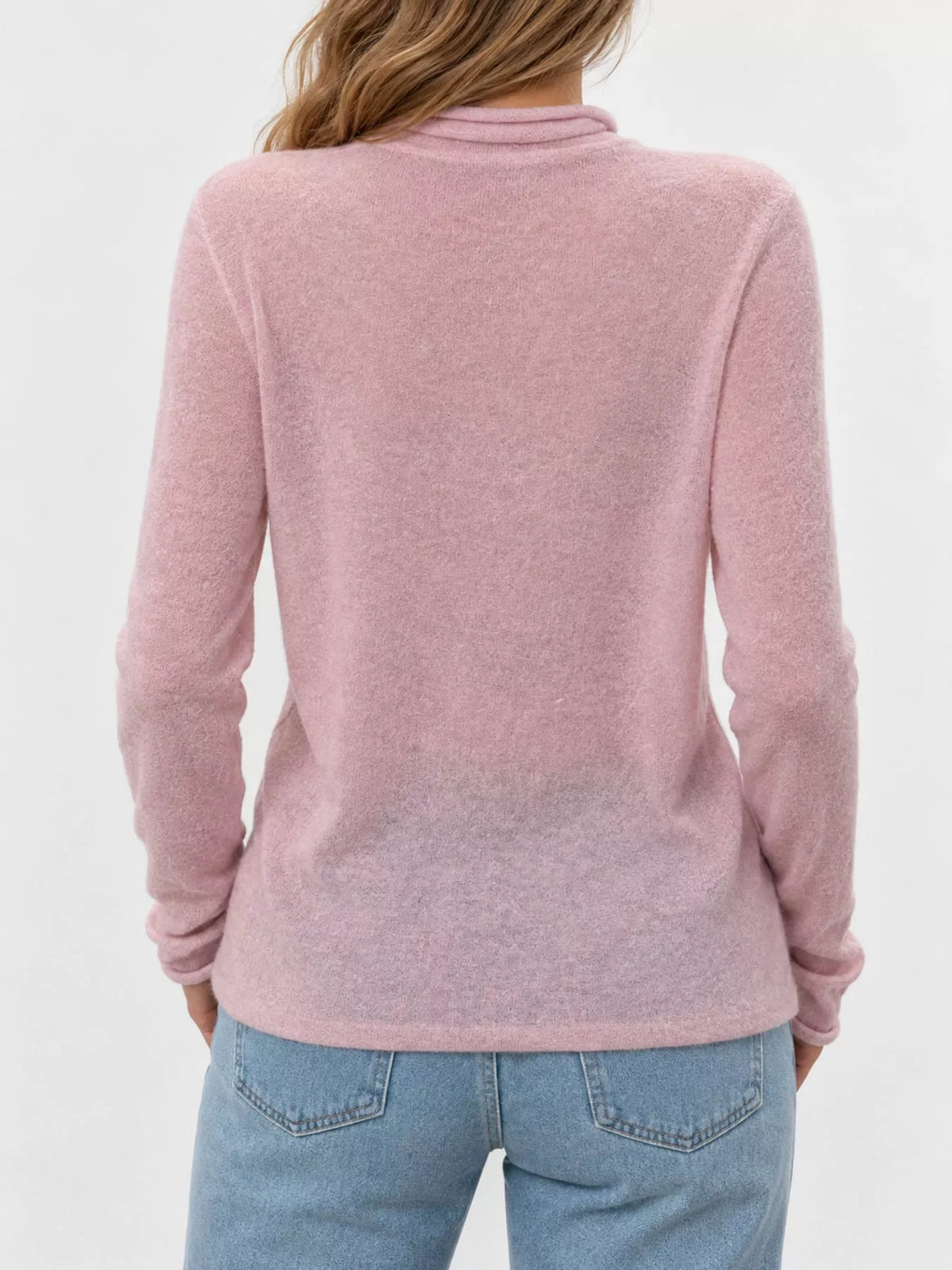 Women's Sheer Turtleneck Knit Top in pink — back view