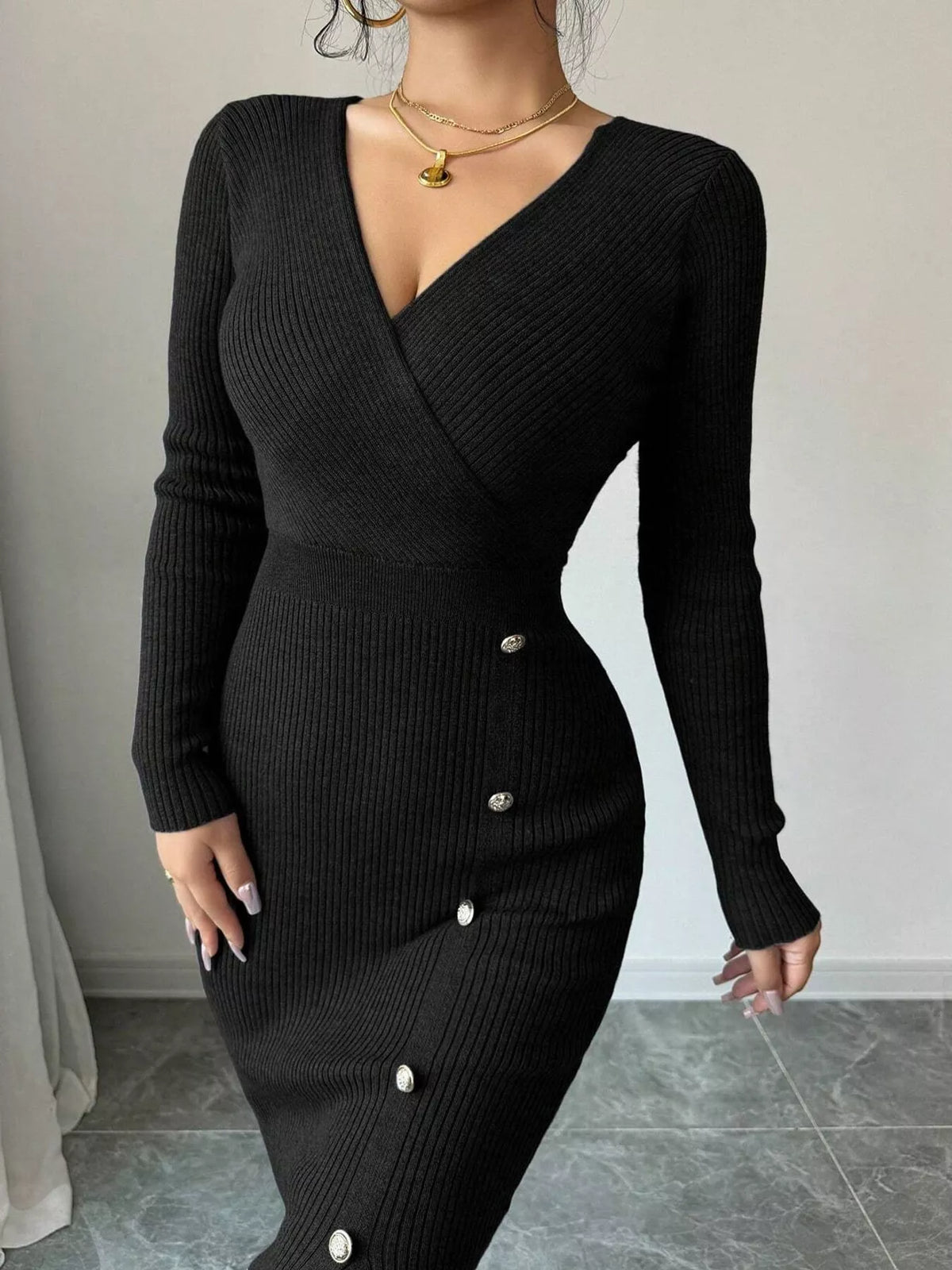 Black decorative button ribbed knit sweater dress, front view