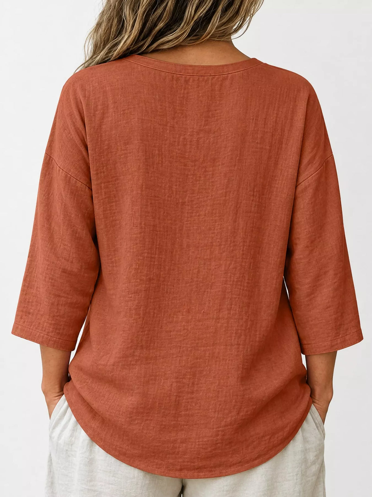 Button Notched 3/4 Sleeve Blouse in rust, back view