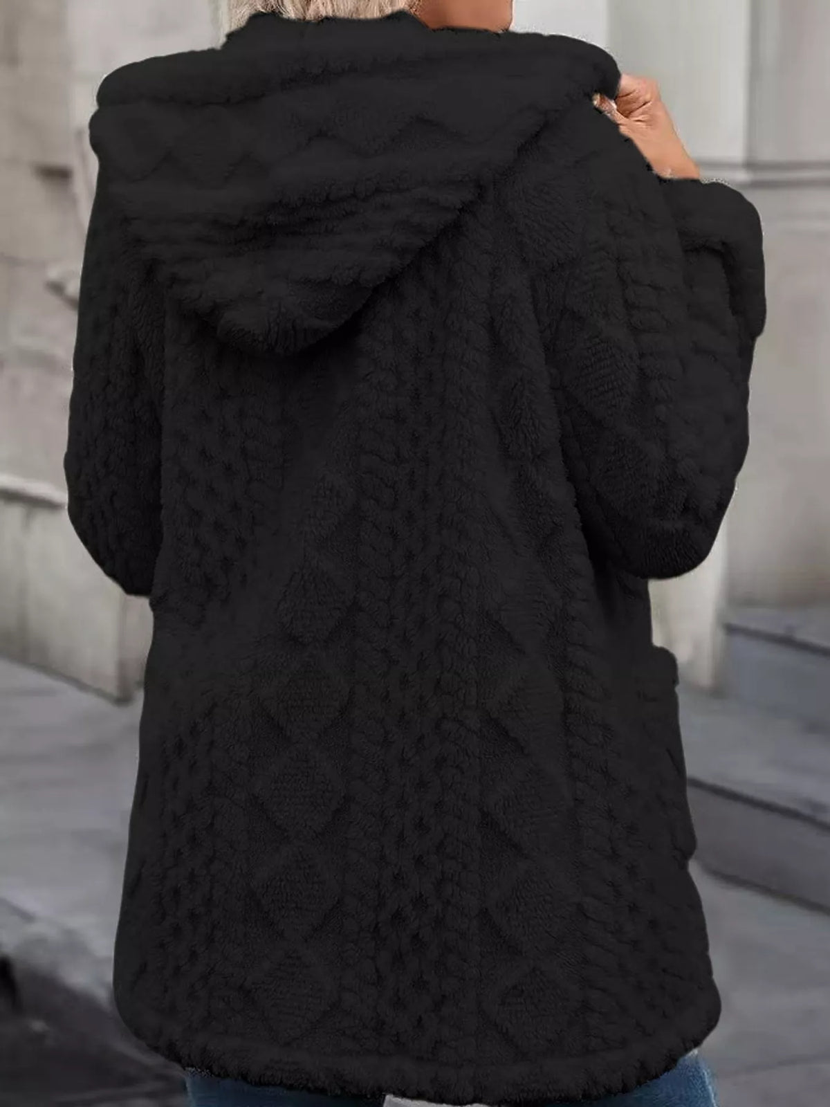 Black faux fur hooded zip-up jacket, back view