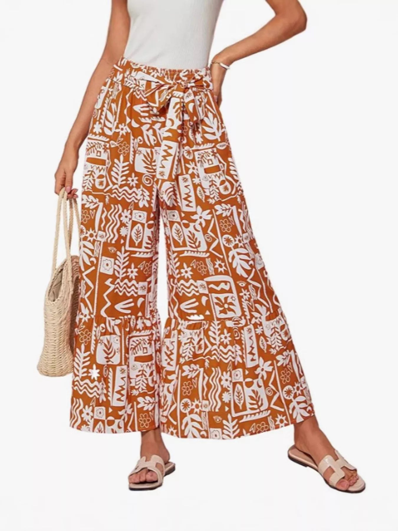Trendsi Full Size Tie Waist Wide-Leg Printed Pants Plus Size -