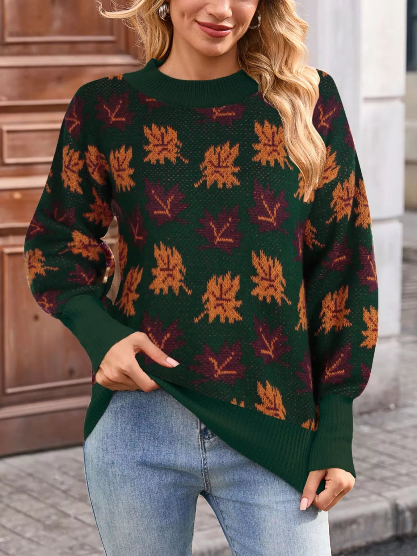 Trendsi Autumn Leaf Pattern Mock Neck Sweater -
