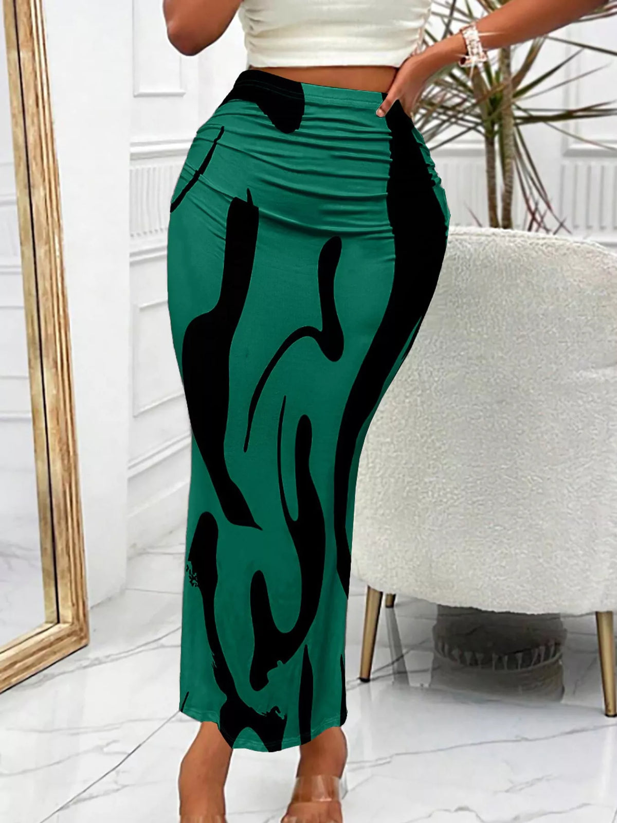 Peacock Green high-waisted ruched printed maxi skirt