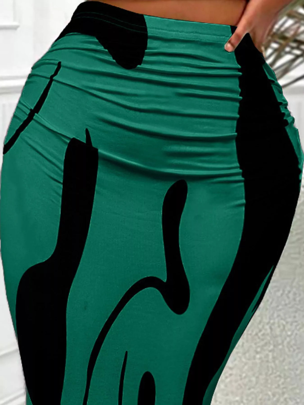 Peacock Green high-waisted ruched printed maxi skirt