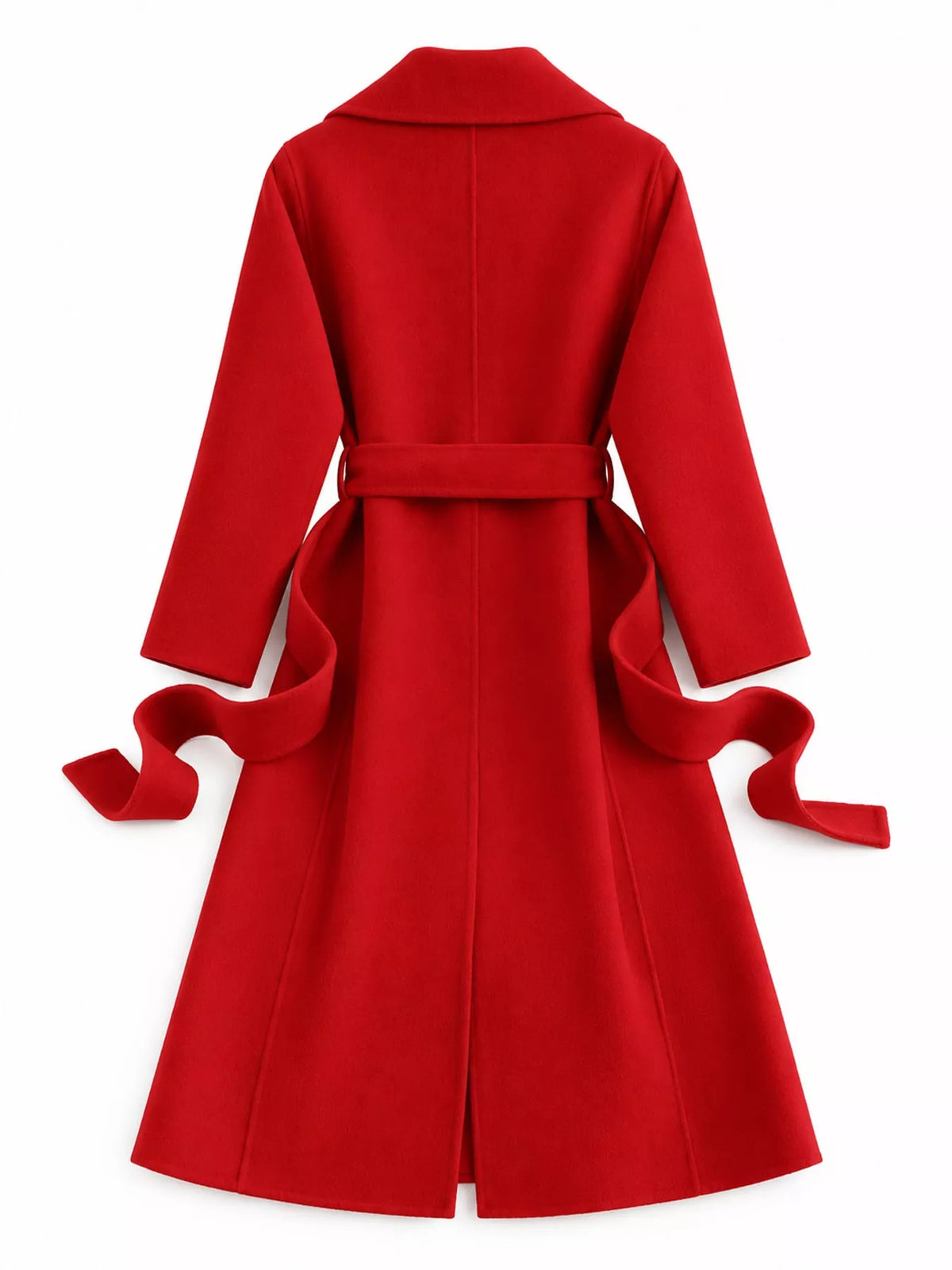 Red belted longline wool coat, back view