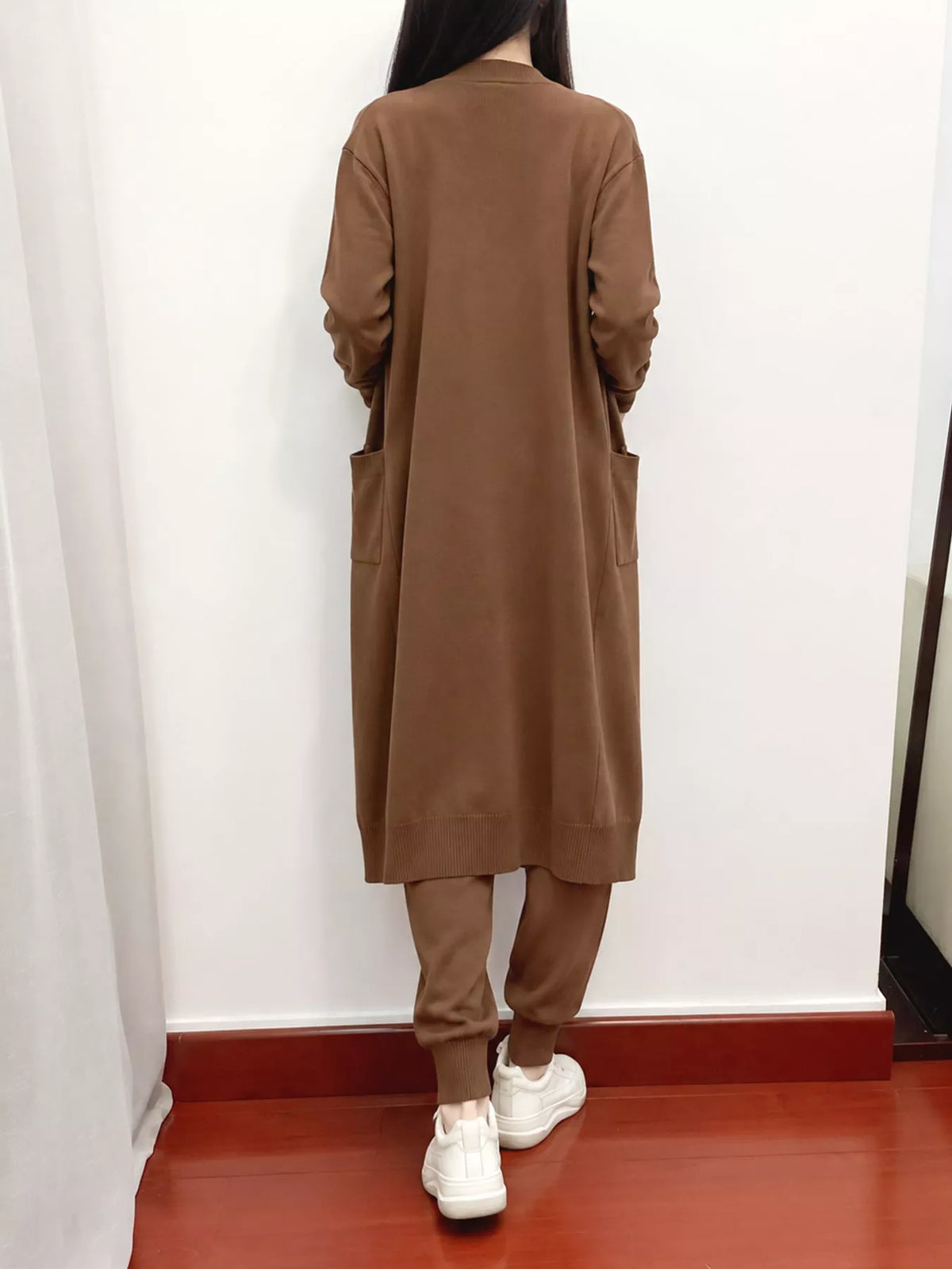 Sleeveless Top and Drawstring Joggers Sweater Set with Long Cardigan — back view