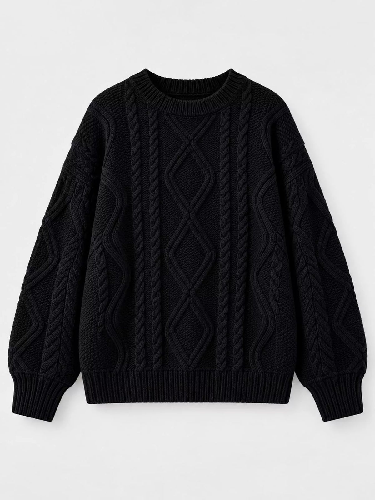 Black cable-knit round neck sweater