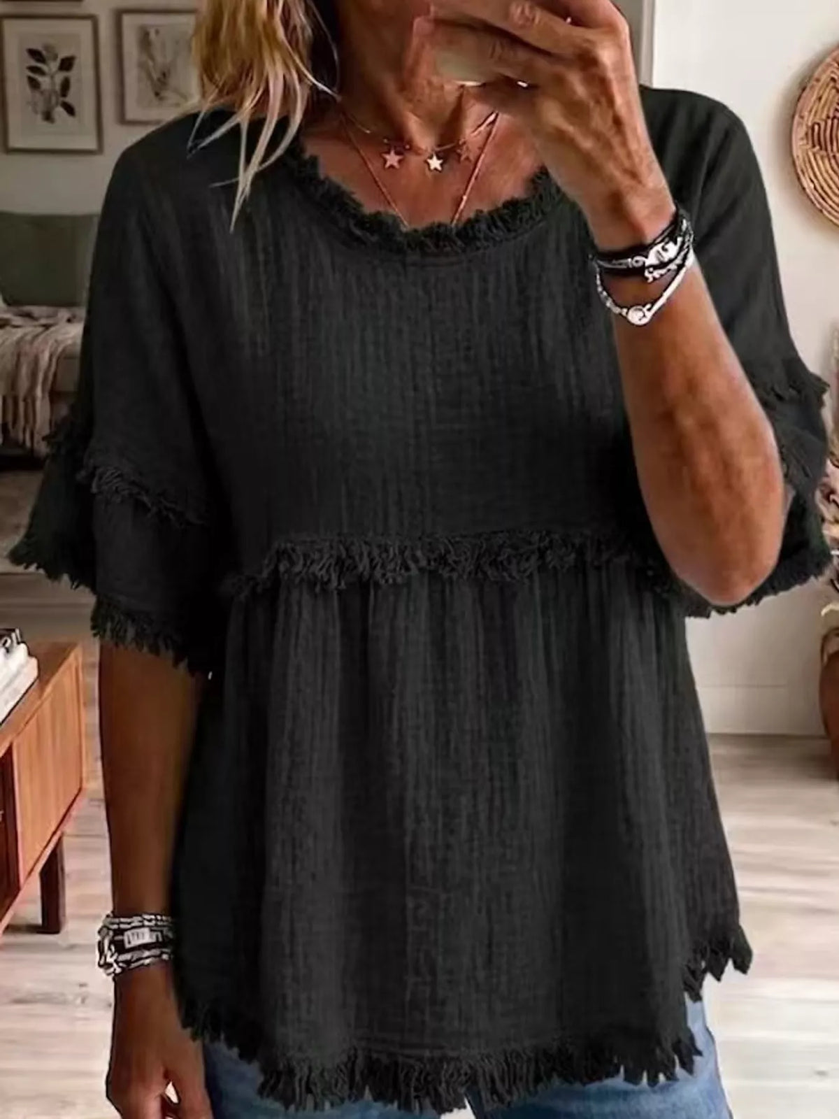 Black frayed edge textured blouse