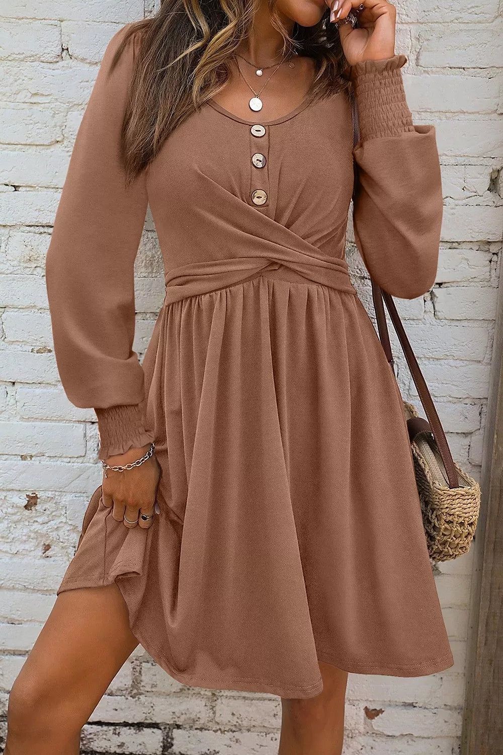 Trendsi Shirred Cuff Long Sleeve Button Round Neck Mini Dress -
