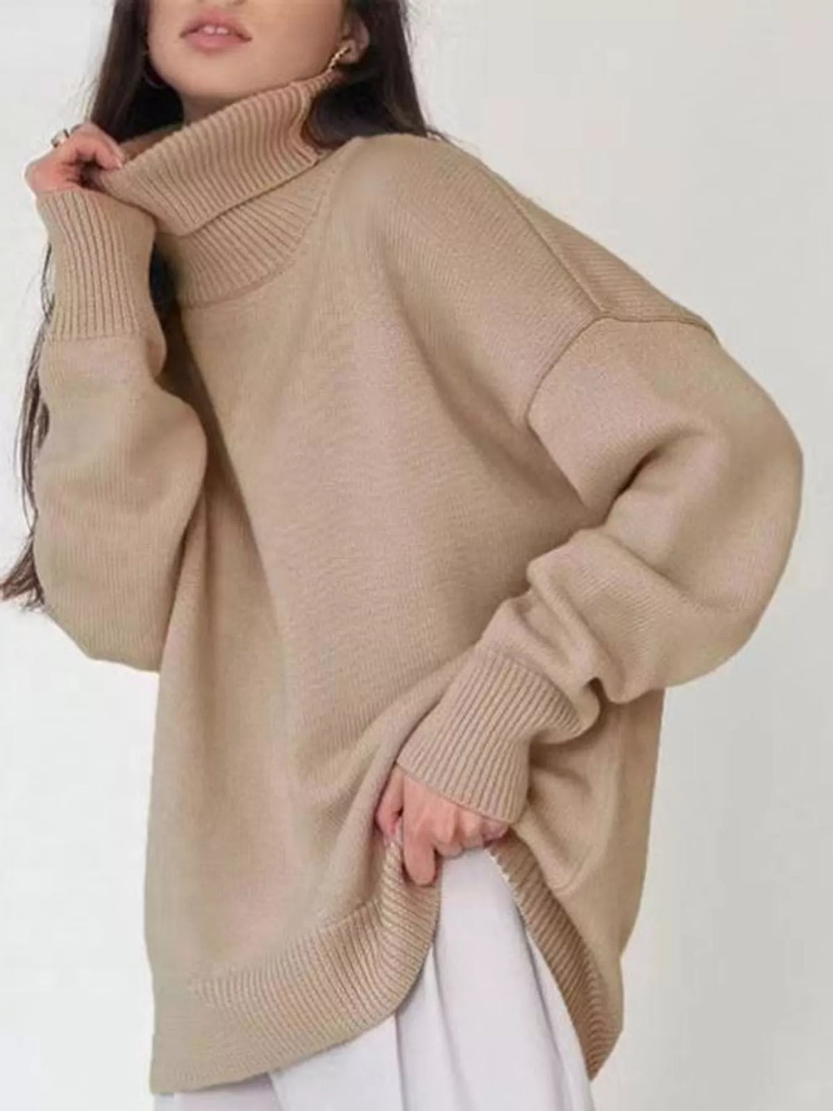 Turtleneck sweater, tan front