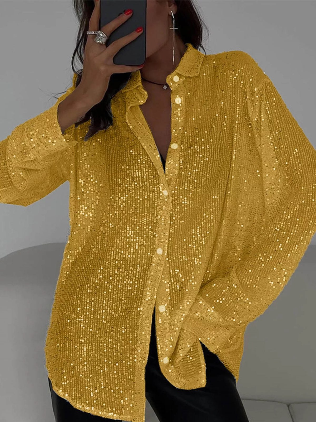 Gold sequin button up long sleeve shirt