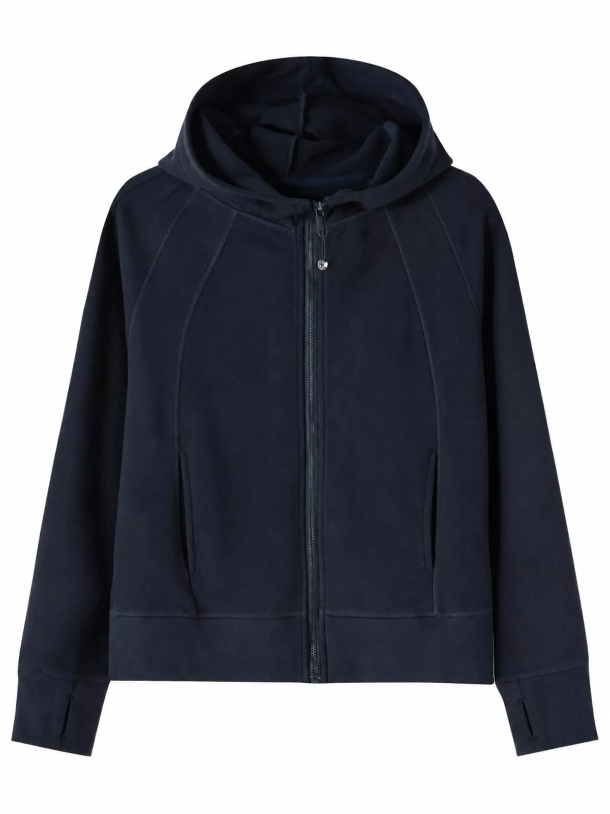 Navy full-zip long sleeve hoodie with pockets