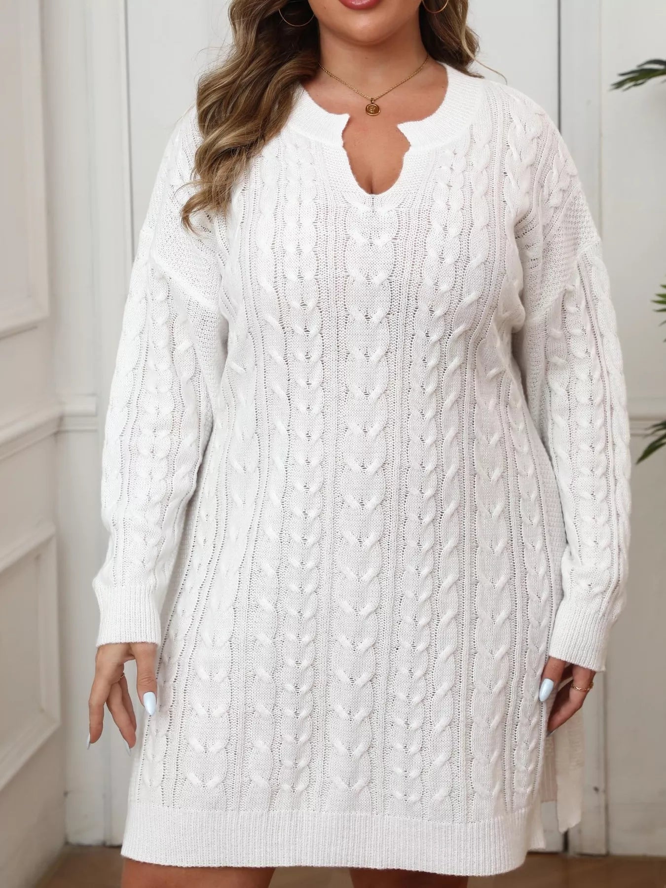 Trendsi Plus Size Cable Knit Long Sleeve Sweater Dress -