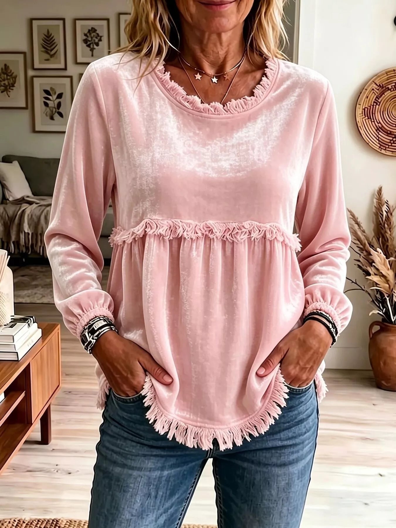 Trendsi Fringed Hem Long Sleeve T-Shirt -