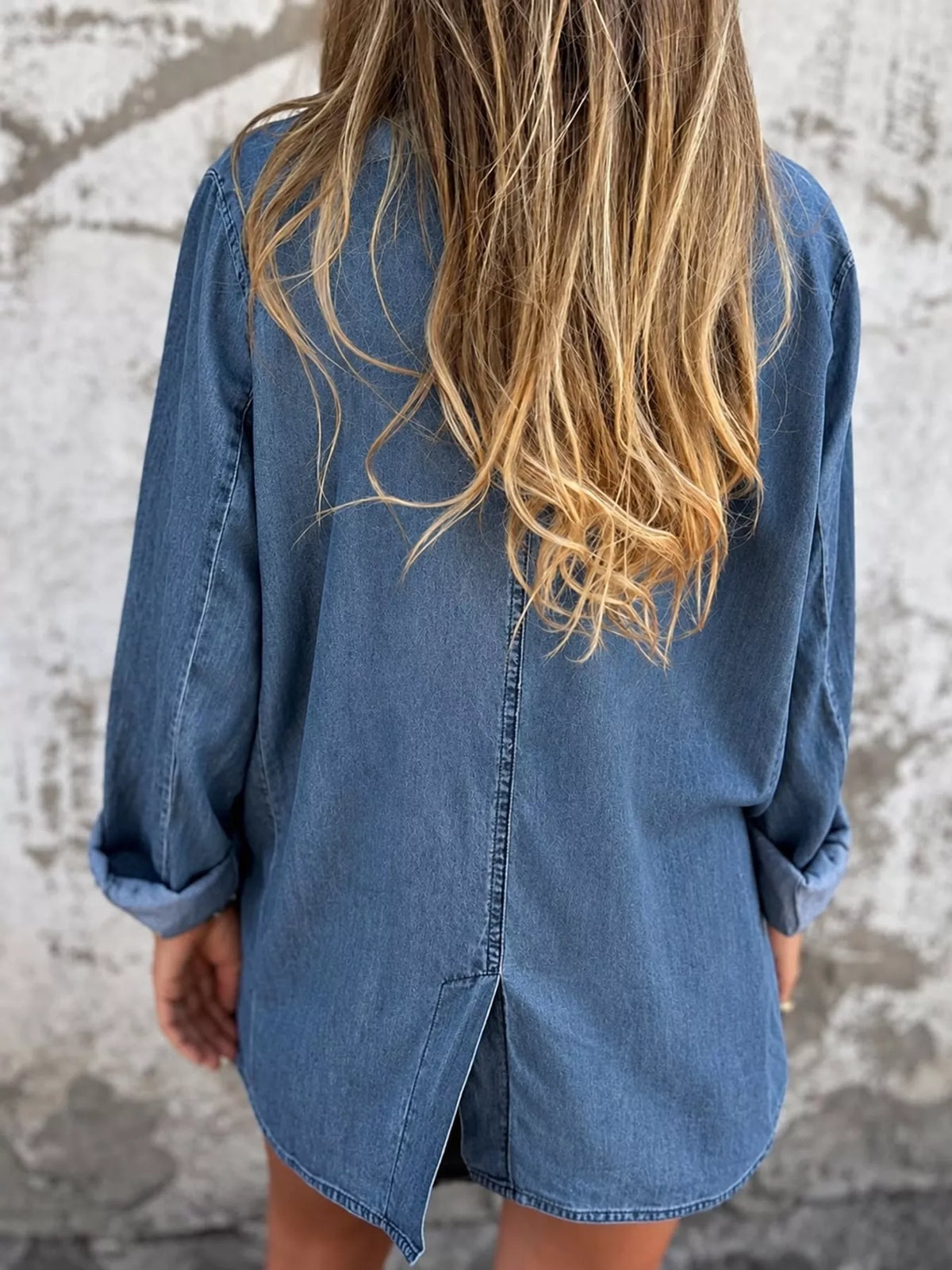 Lapel Collar Long Sleeve Denim Blazer, back view in blue