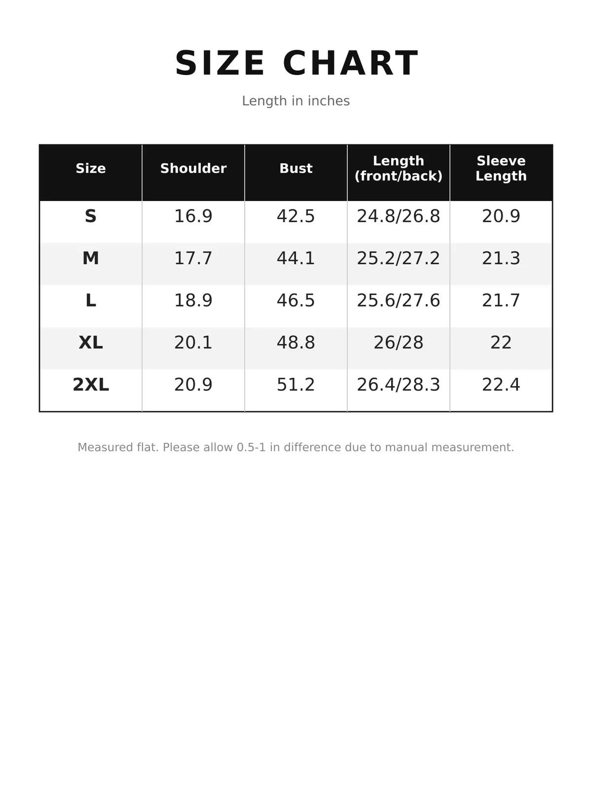 Size chart for satin button-down long sleeve shirt