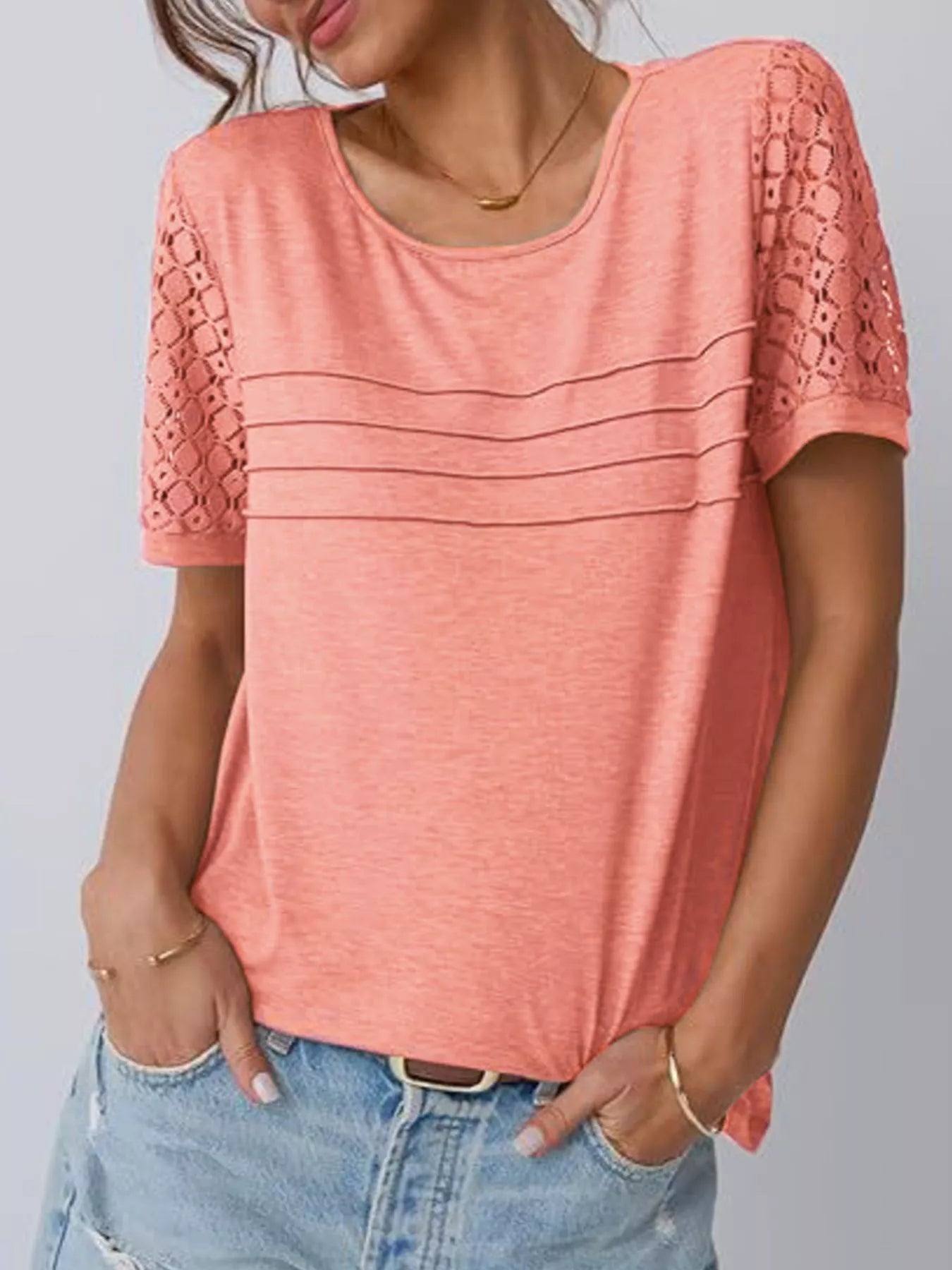 Trendsi Lace Short Sleeve Round Neck T-Shirt -