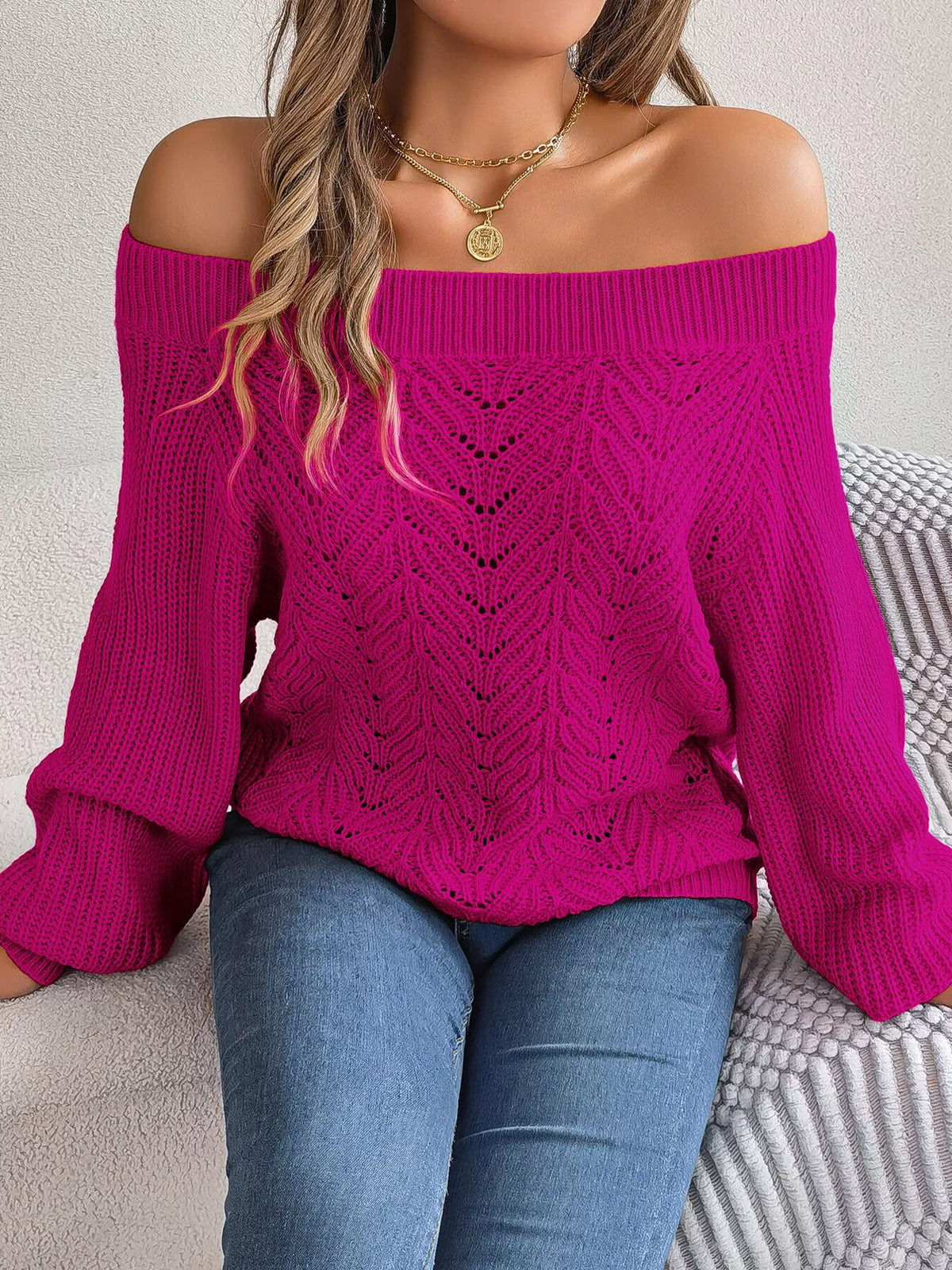 Openwork Off-Shoulder Sweater in hot pink, front view