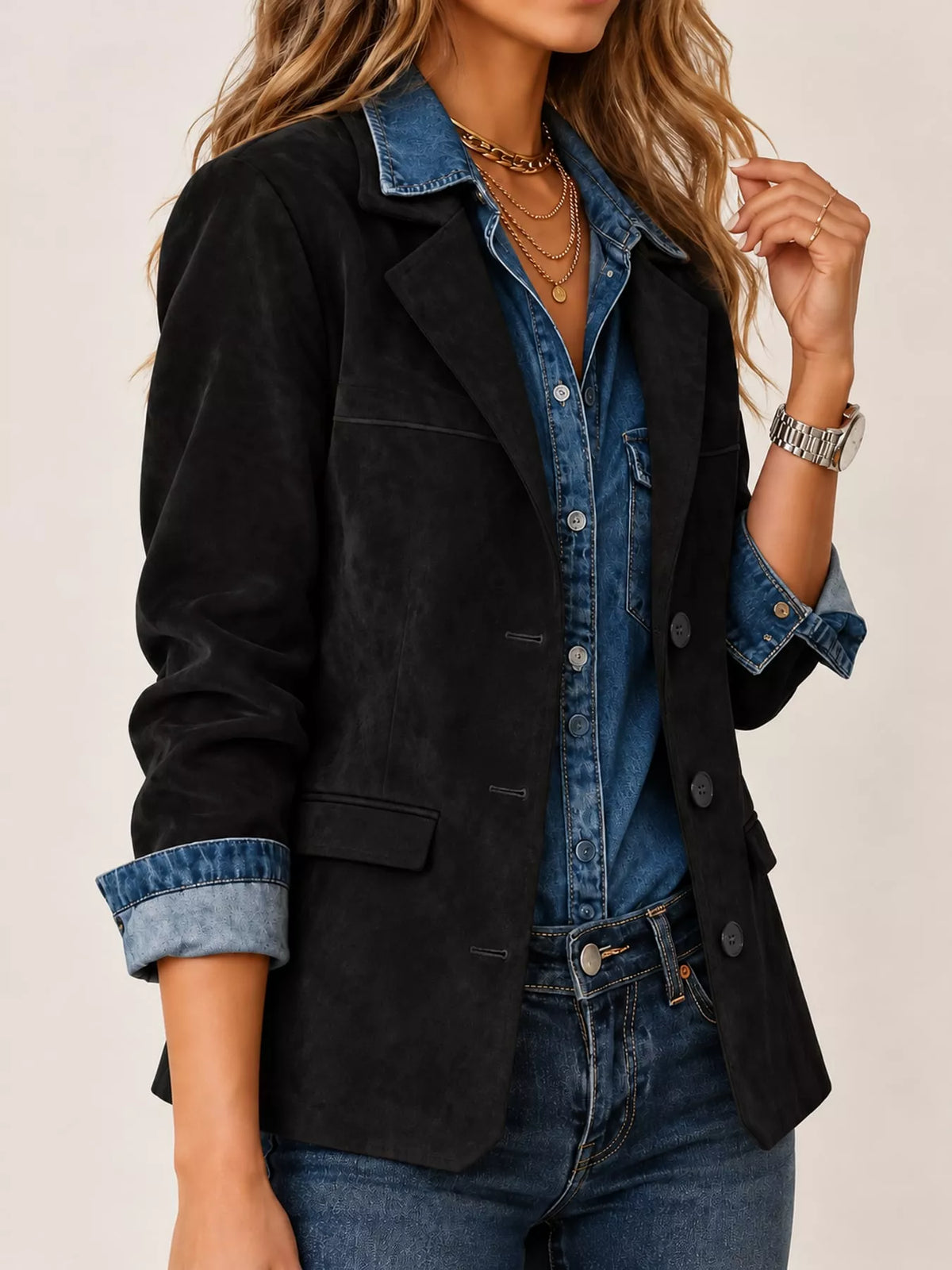 Black lapel collar button-up blazer — front view