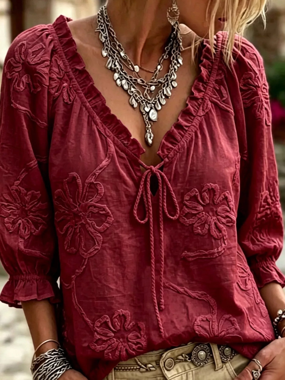 Floral Tie Neck 3/4 Sleeve Blouse in burgundy, front view