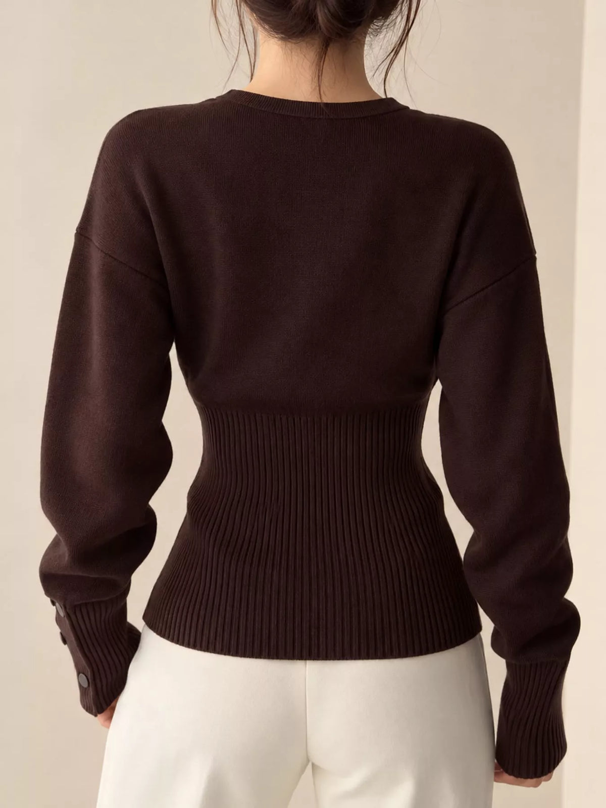 Coffee button up ribbed waist cardigan, back view