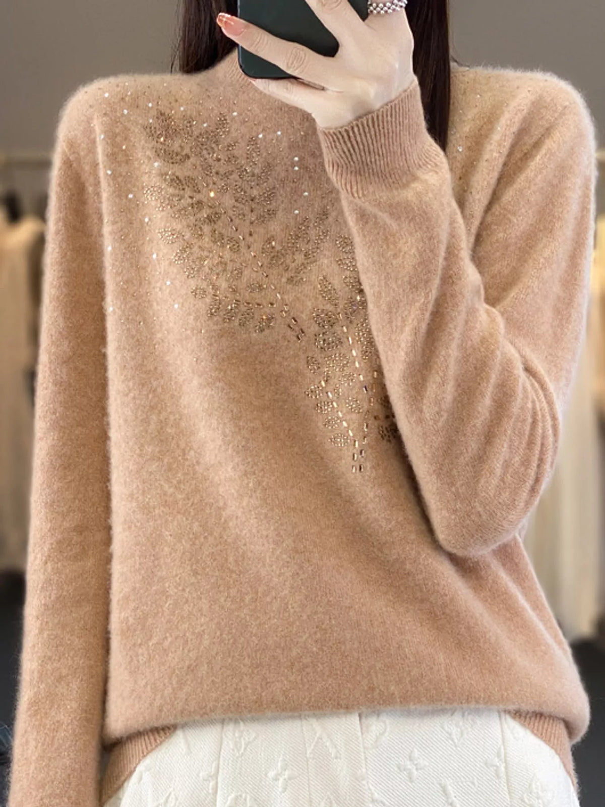 Rhinestone Leaf Mock Neck Sweater — front view