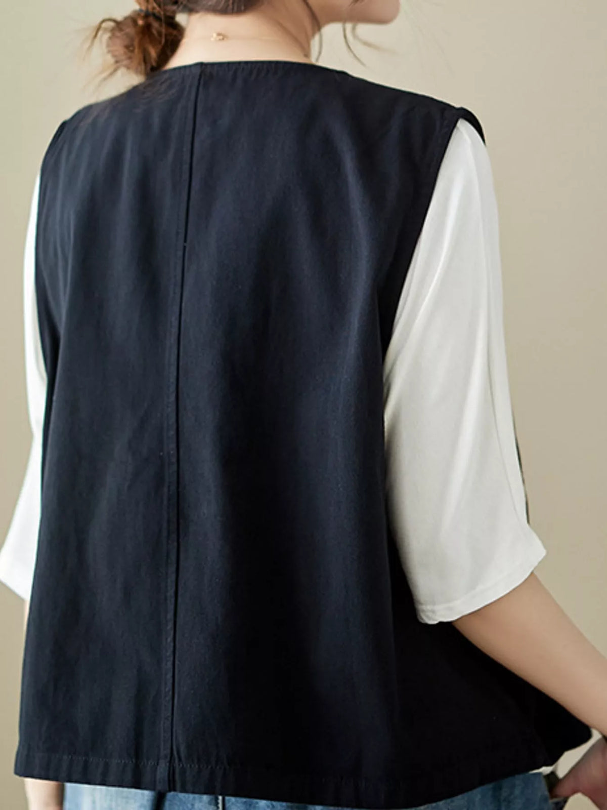Asymmetric Button Closure Utility Vest Coat, back view in black
