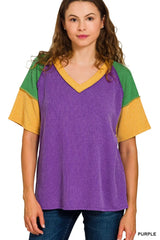 Trendsi Zenana Mardi Gras Raised Rib Color Block Top -
