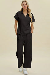 Trendsi Double Take Full Size Collared Neck Short Sleeve Top and Pants Set -