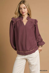 Trendsi Umgee Ruffle Shoulder Long Sleeve Blouse -