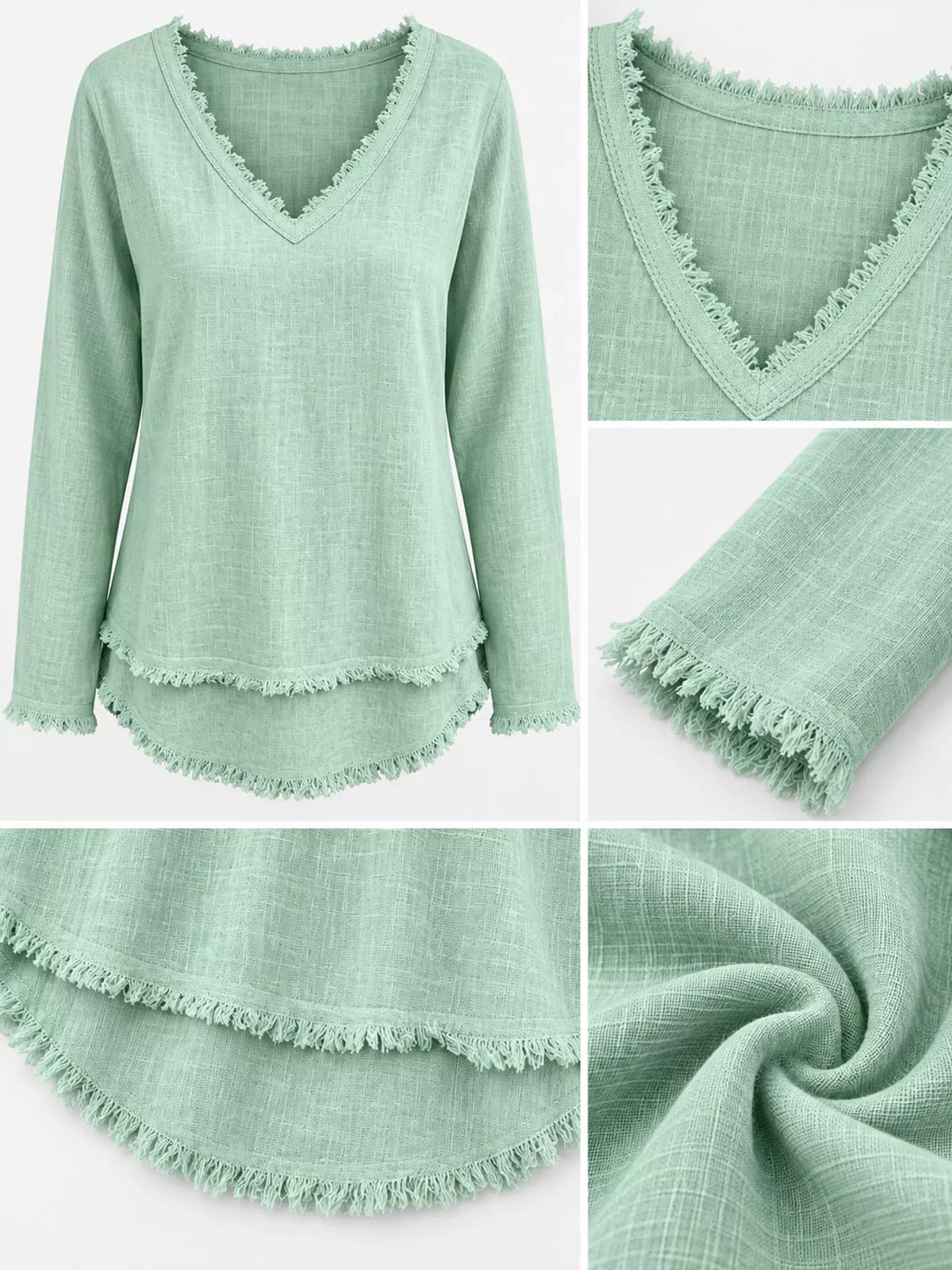 Frayed V-neck blouse, mint detail collage