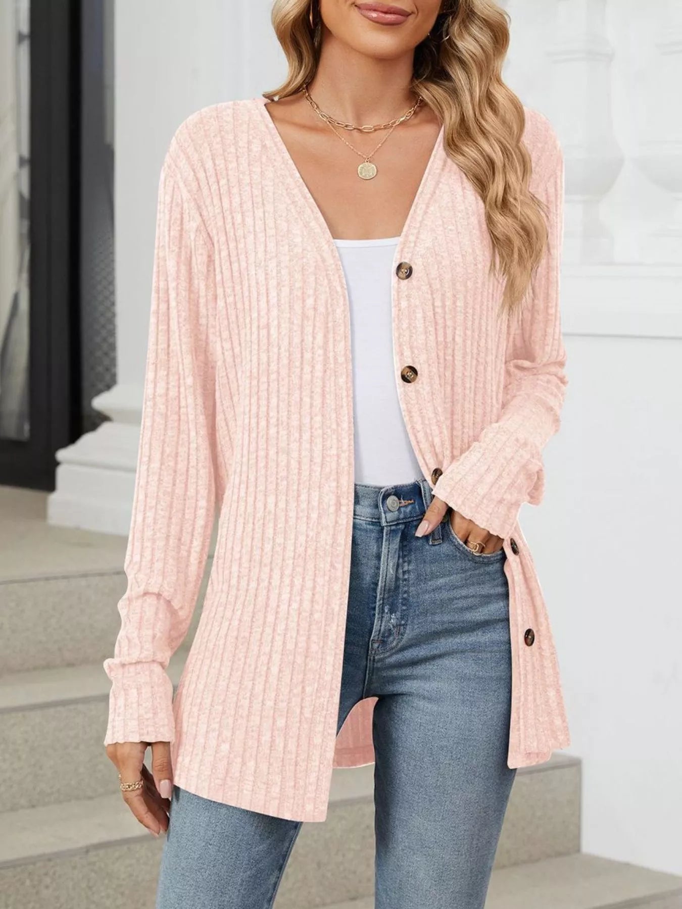 Trendsi Ribbed Button-Up Cardigan -