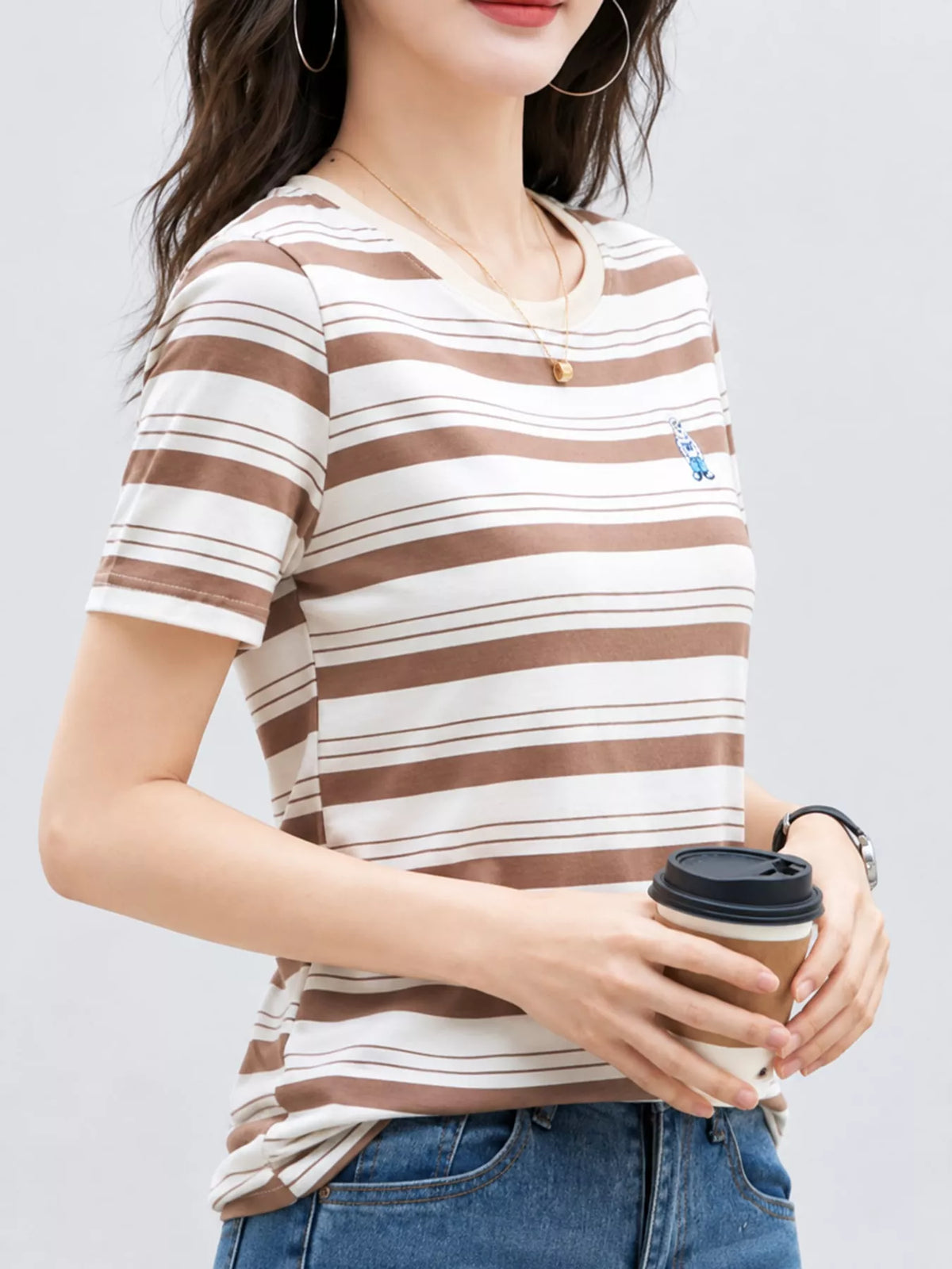Coffee - Striped striped crew neck embroidered t-shirt