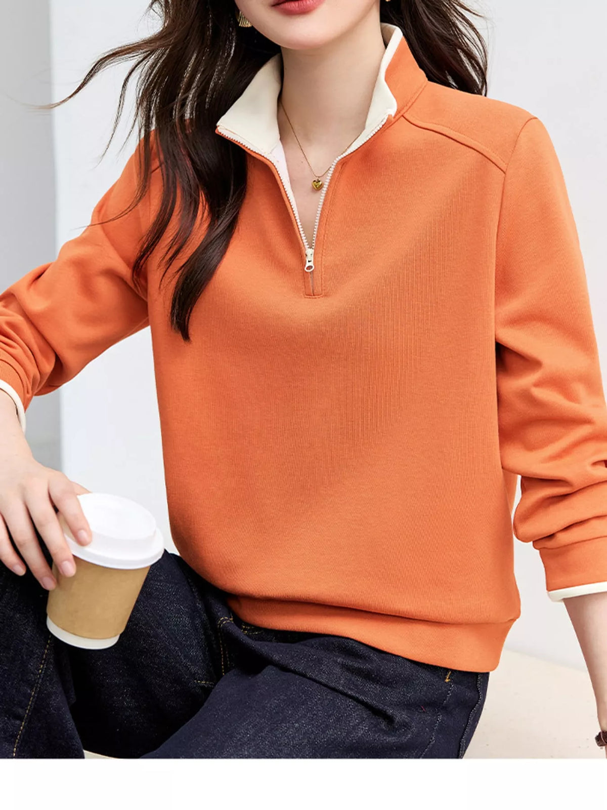 Quarter-Zip Sweatshirt with Contrast Collar in vibrant orange