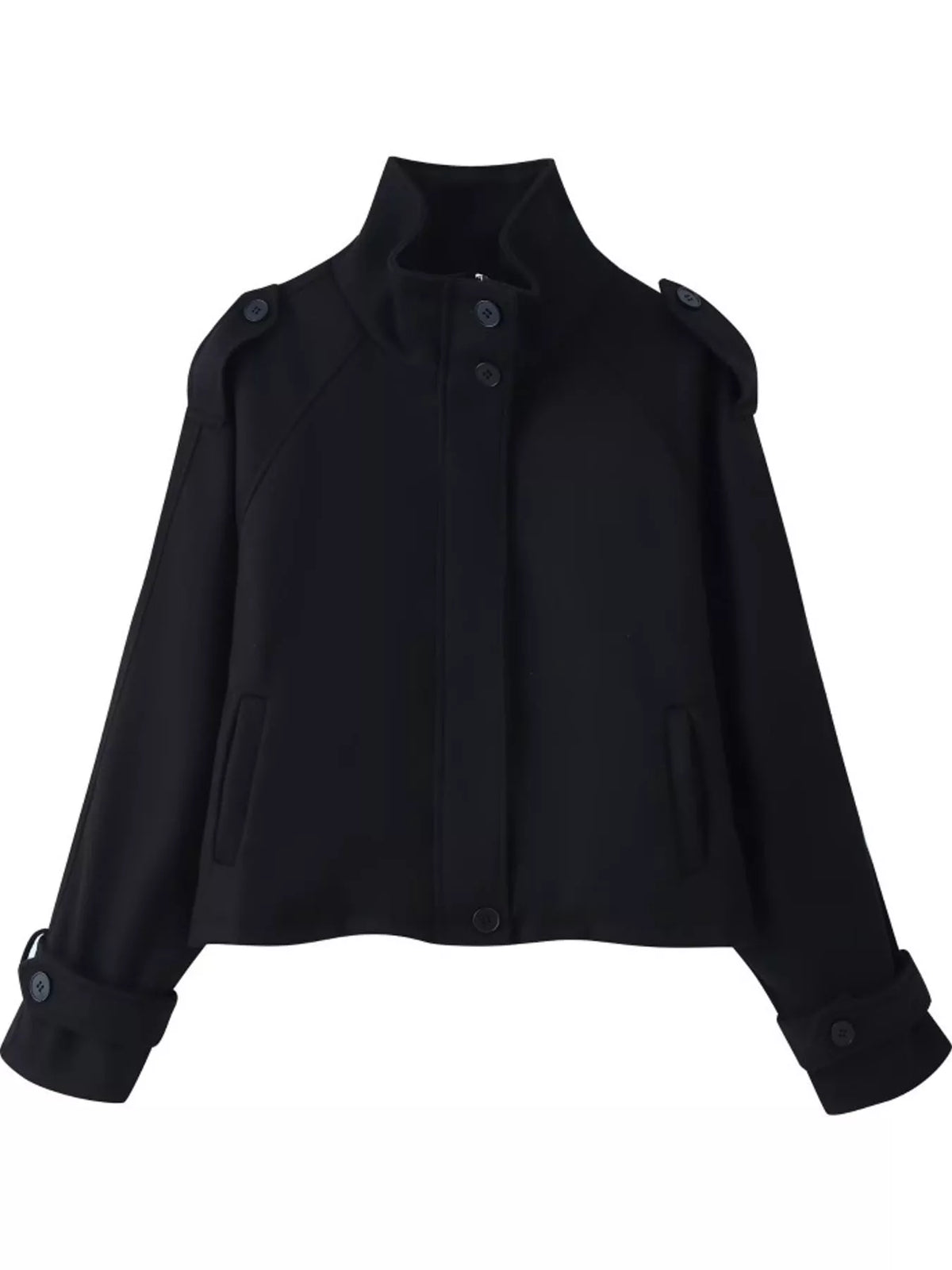 Black zip-up stand-collar jacket — front view