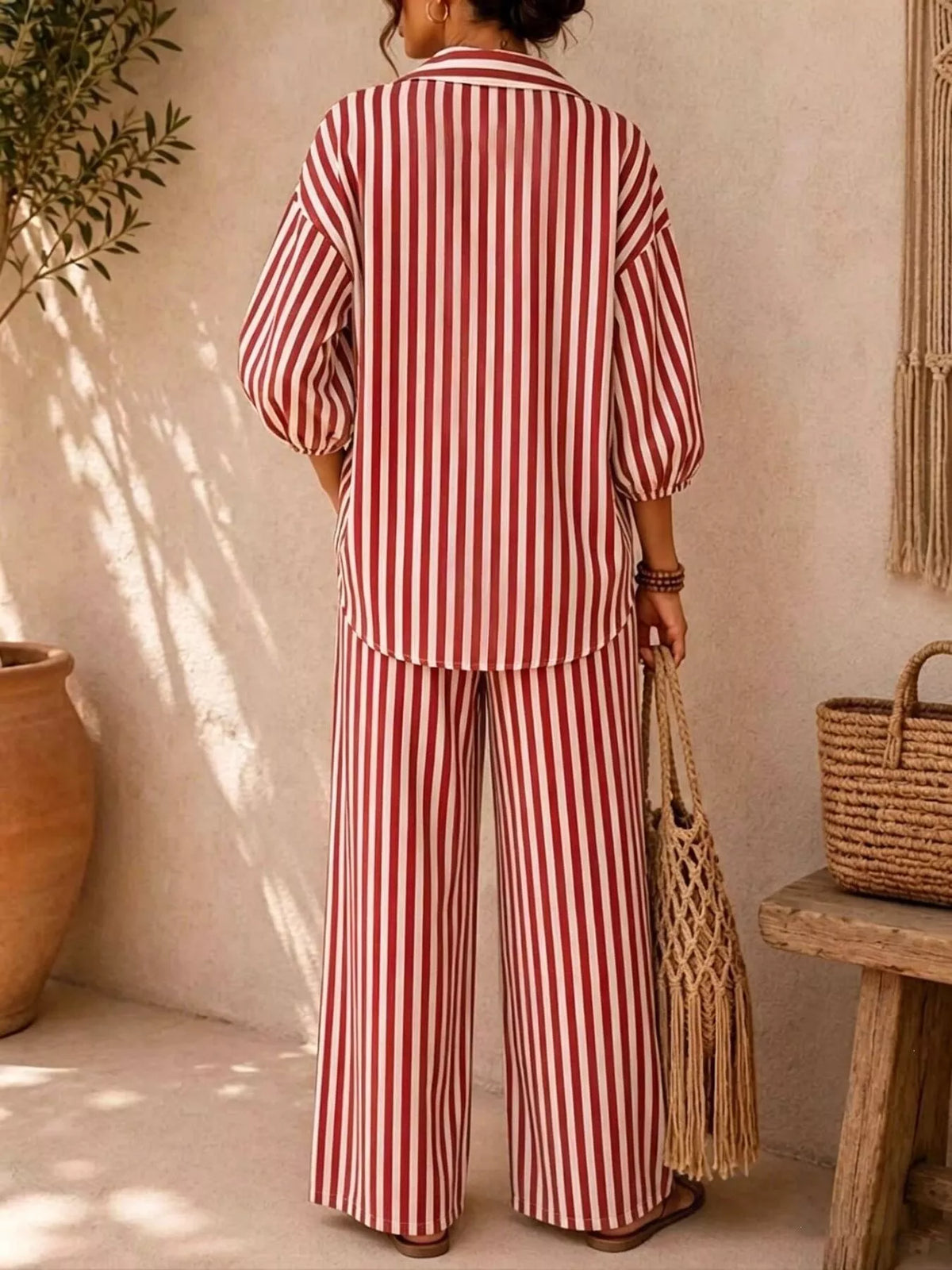 Pink striped shirt and wide-leg pants set, back view