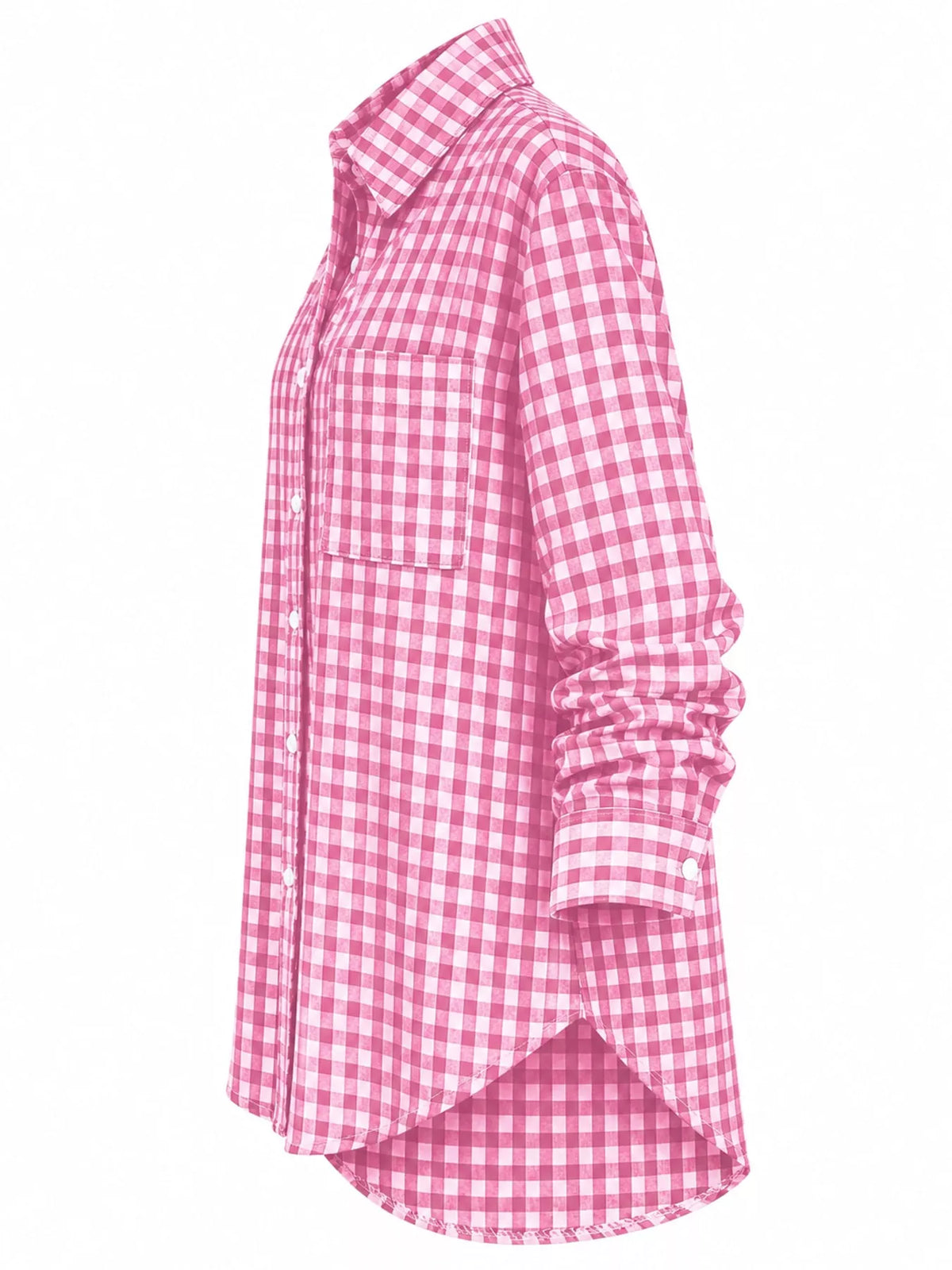 Pink and white plaid button-down shirt, side view