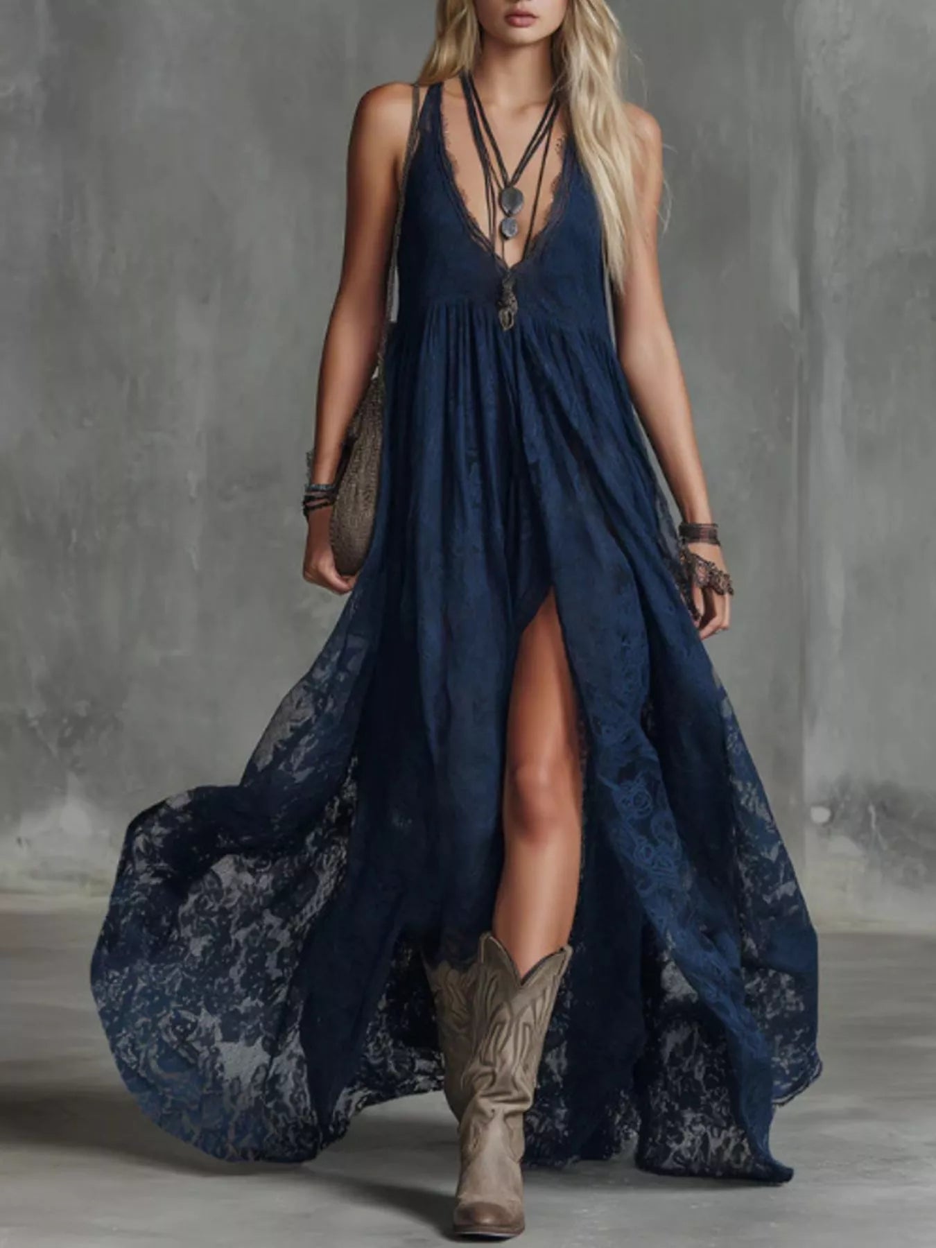 Lace maxi dress with high slit