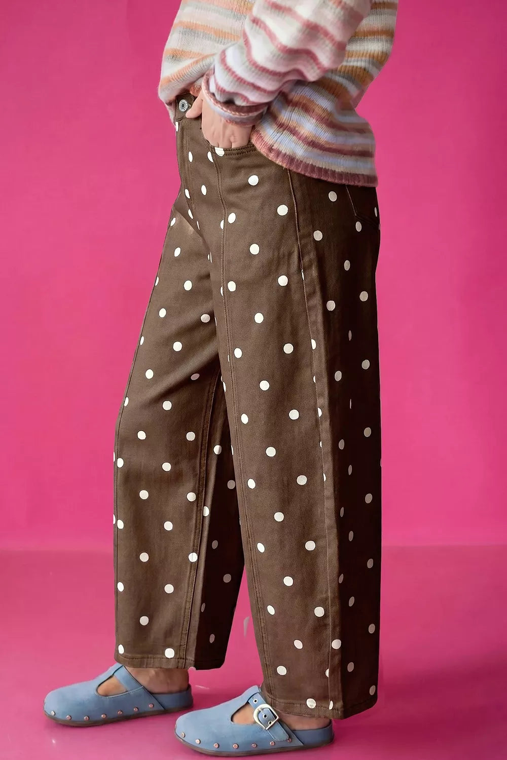 Trendsi Tailored Seam Polka Dot Print Barrel Casual Jeans -