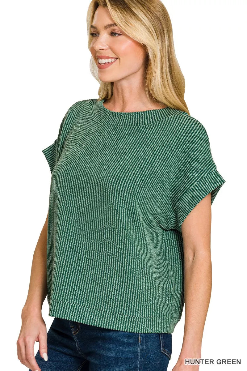 Women's Hunter Green Ribbed Cap Sleeve Relaxed-Fit Top β product view 2