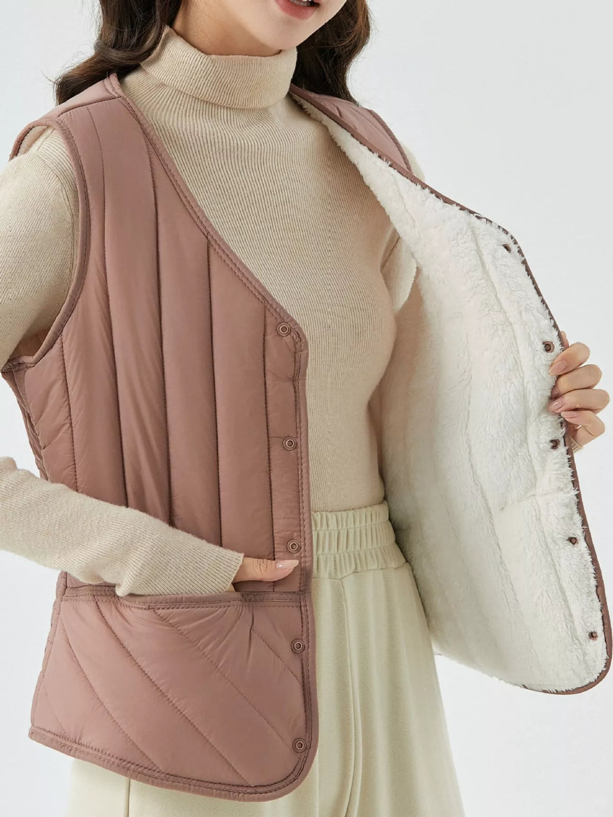 Quilted Button Up Vest in dusty pink, front view