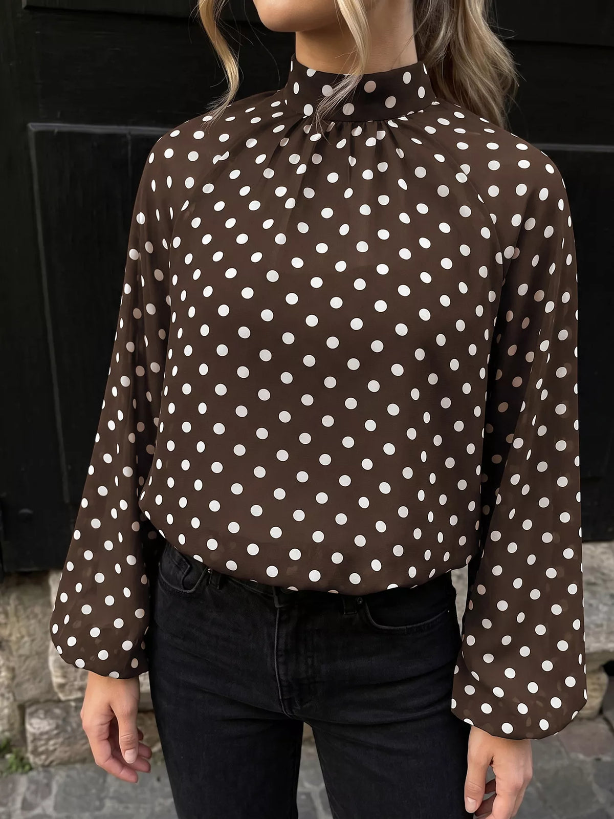 Trendsi Polka Dot Mock Neck Long Sleeve Blouse -