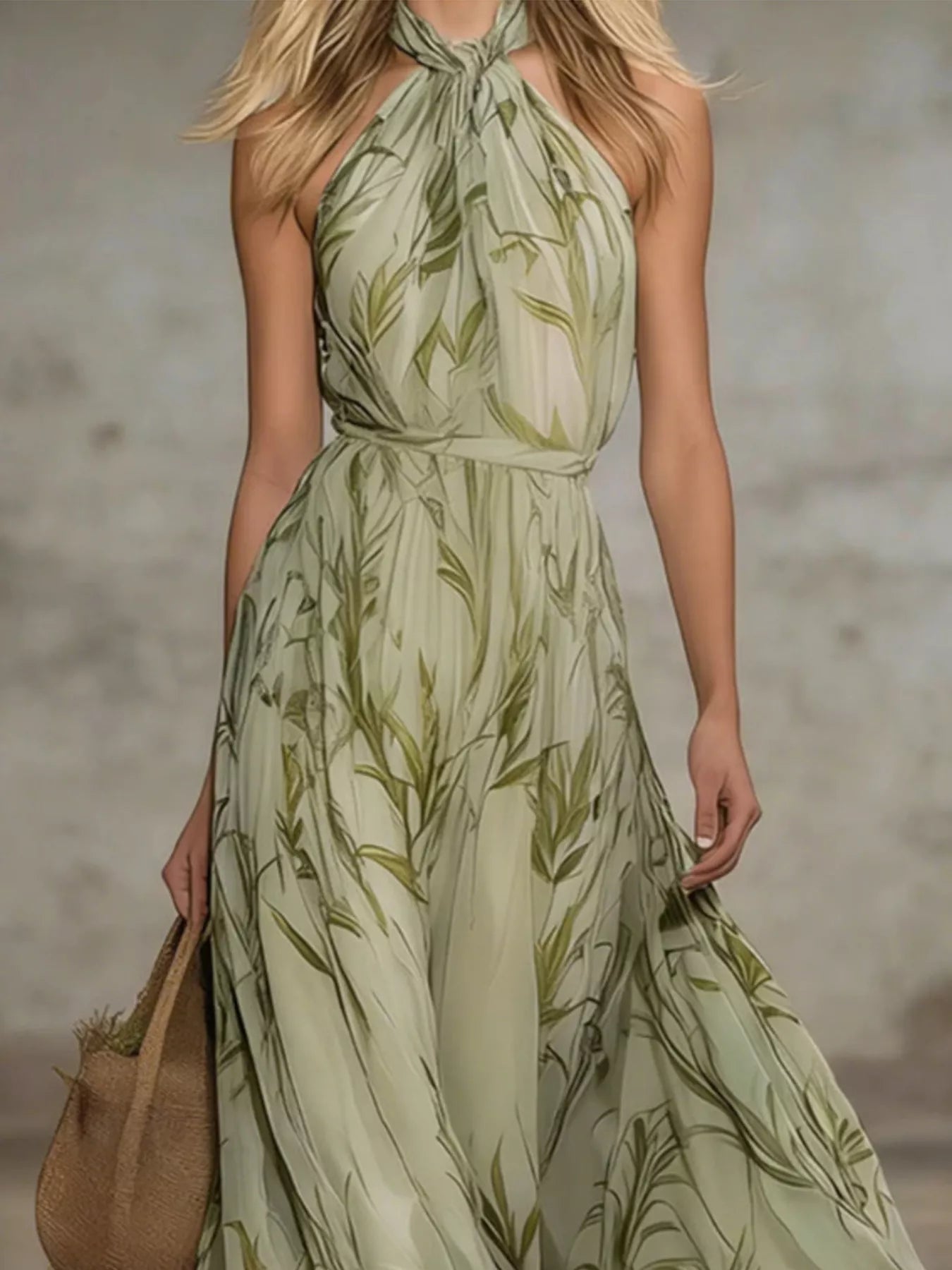 Trendsi Leaf Print Sleeveless Chiffon Maxi Dress -