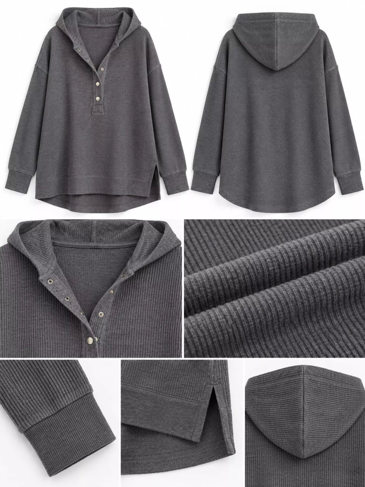 Women's Snap Button Placket Dropped Shoulder Hoodie in gray — detail collage view