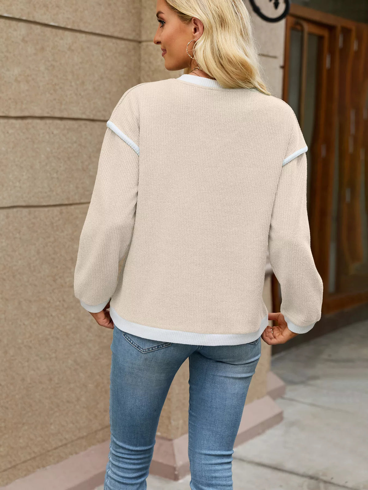 Beige contrast-trim V-neck sweater, back view