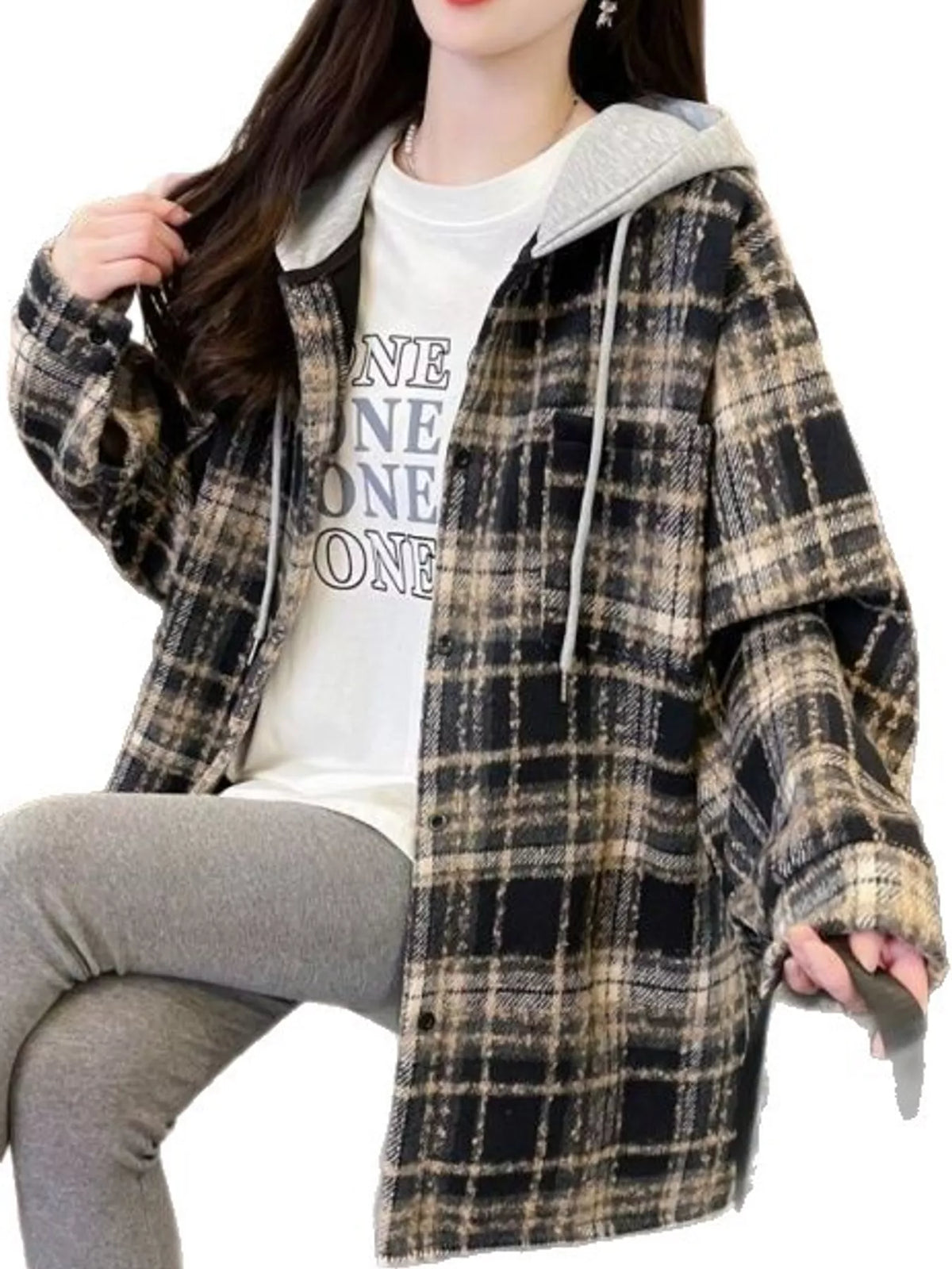 Black plaid button-up hooded shacket